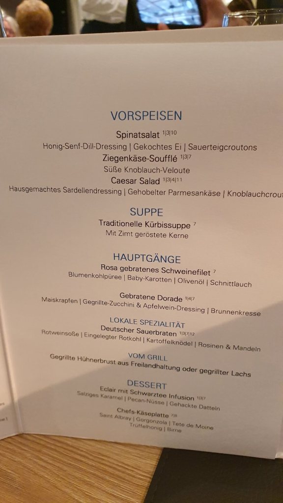 Speisekarte Abendessen im Riverside auf der Viva Two