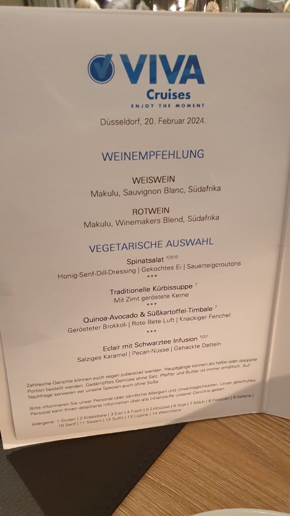 Speisekarte Abendessen im Riverside auf der Viva Two / Viva Cruises Restaurants
