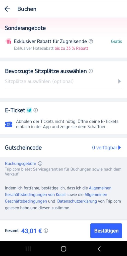 Sitzplatzreservierung bei Trip.com